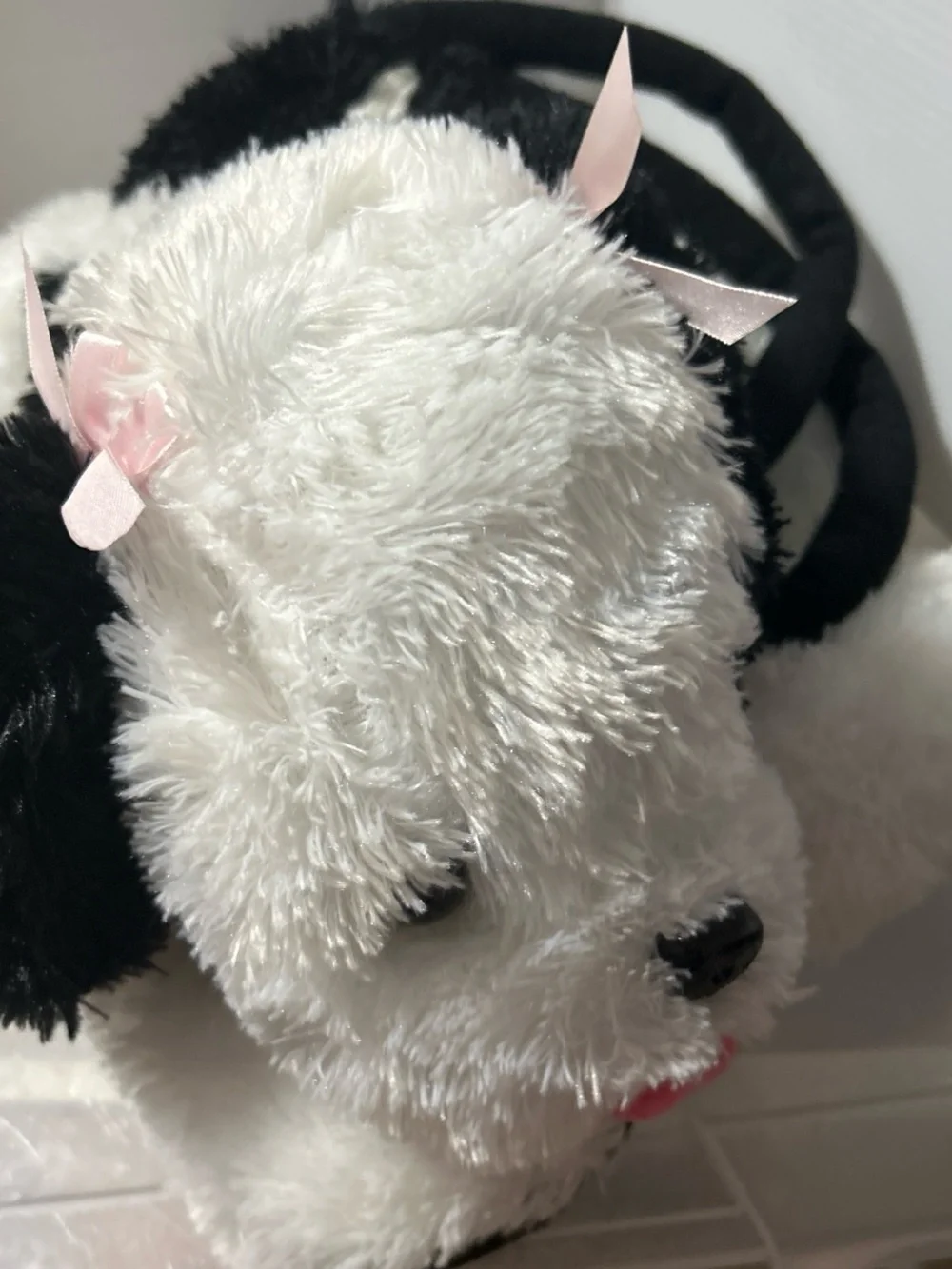 Plush Puppy Kids Backpack - White with Black and Pink Accents